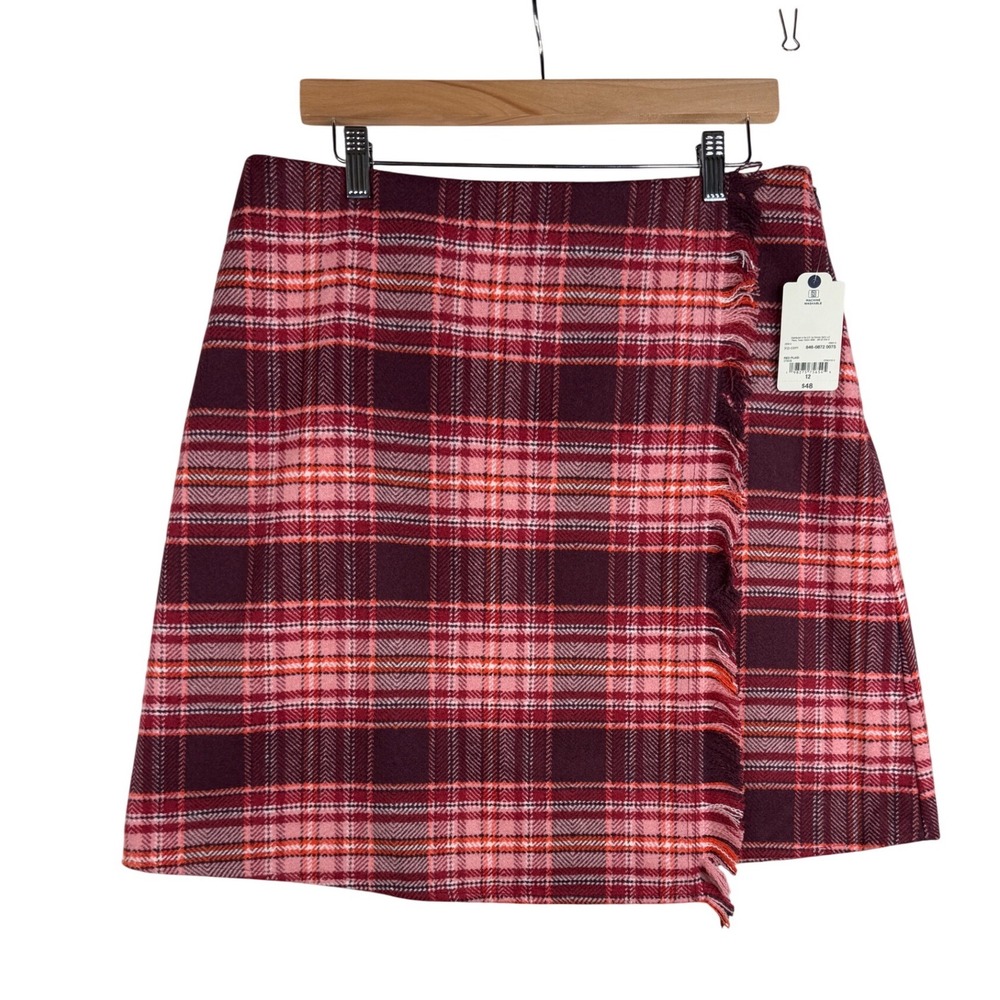 New St. John's Bay Plaid Fringe‎ Detail Wrap Skirt size 12 Red/White